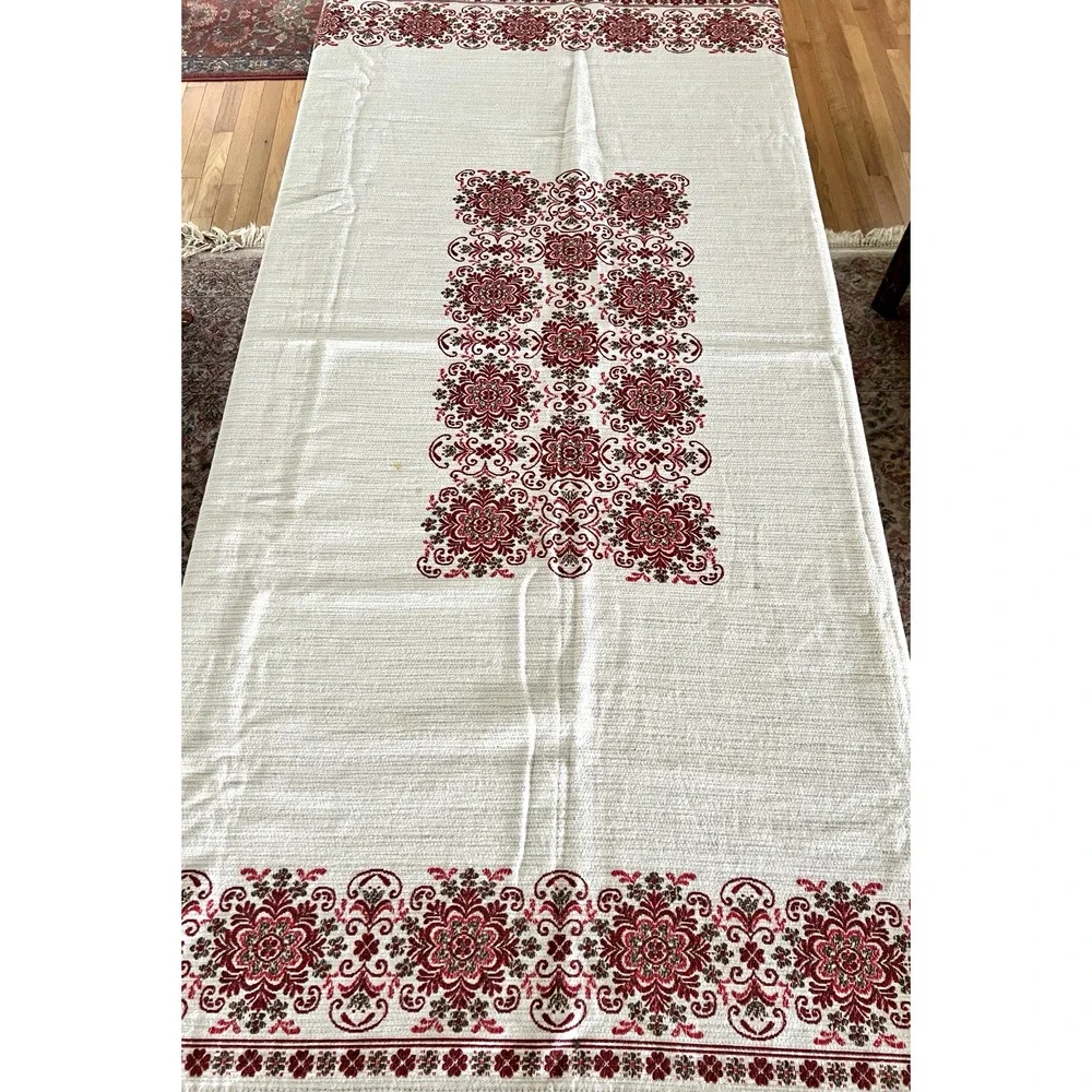 VTG Austrian Woven Folk Detailed Geometric Floral Tablecloth & 6 Napkins